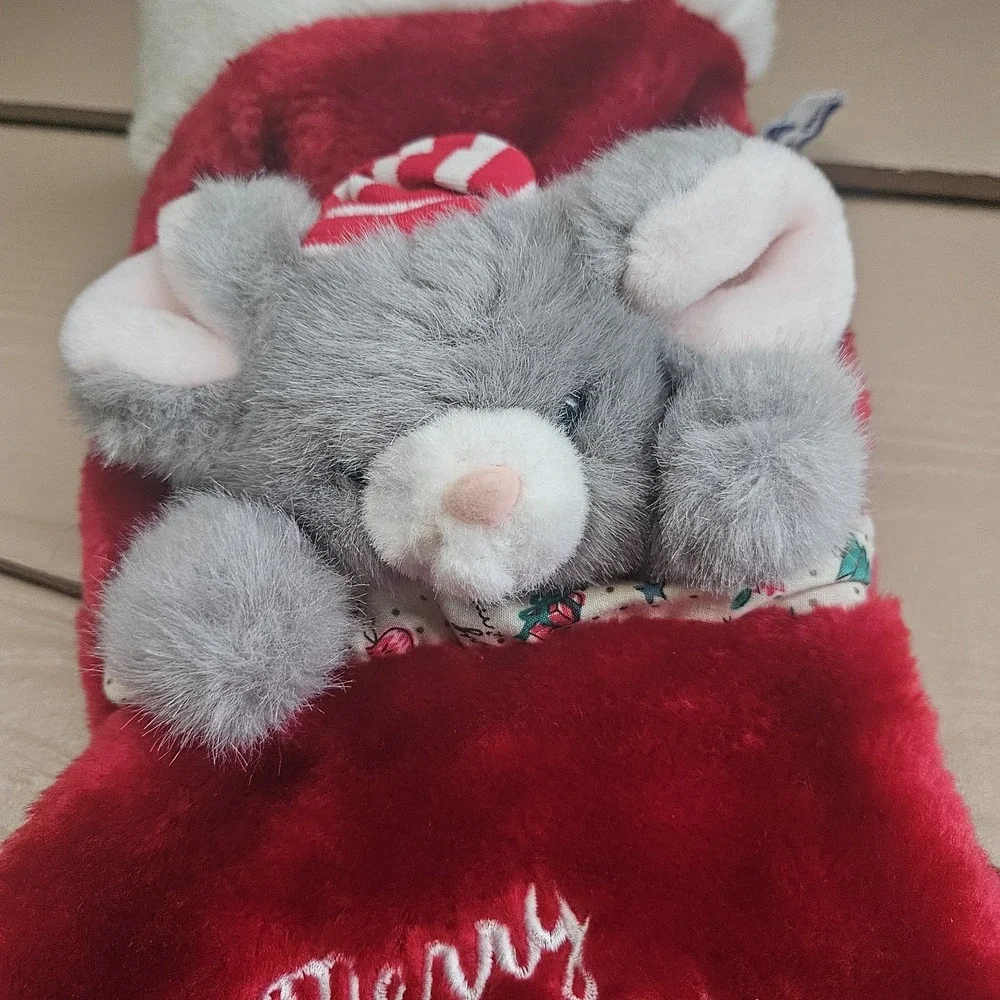 Vintage 3D Red Christmas Stocking Gray Mouse 1992 A&A Plush